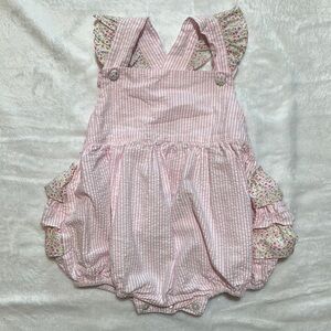 EUC Claire & Charlie Pink Stripe seersucker & floral bubble with ruffle butt 18m
